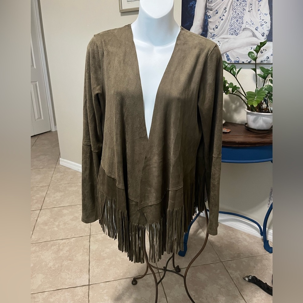 Fornia Brown Faux Suede Fringe Waterfall Open Cardigan - Western  - S / M